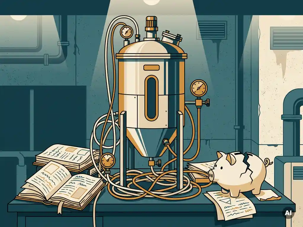 Stainless steel fermentation bioreactor on a cluttered lab bench with tubing, pressure gauges, and a cracked piggy bank suggesting hidden biotech costs.