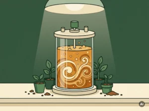 Glass bioreactor filled with bubbling amber liquid beside green crop seedlings and soil on a lab bench, illustrating microbial fermentation for agriculture.