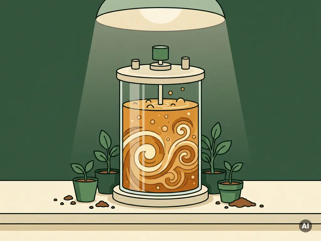 Glass bioreactor filled with bubbling amber liquid beside green crop seedlings and soil on a lab bench, illustrating microbial fermentation for agriculture.