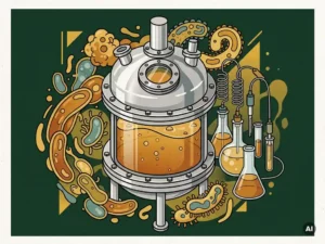 Stainless steel bioreactor fermenter with swirling microbial colonies, rising bubbles, and sensor probes on a deep green background.