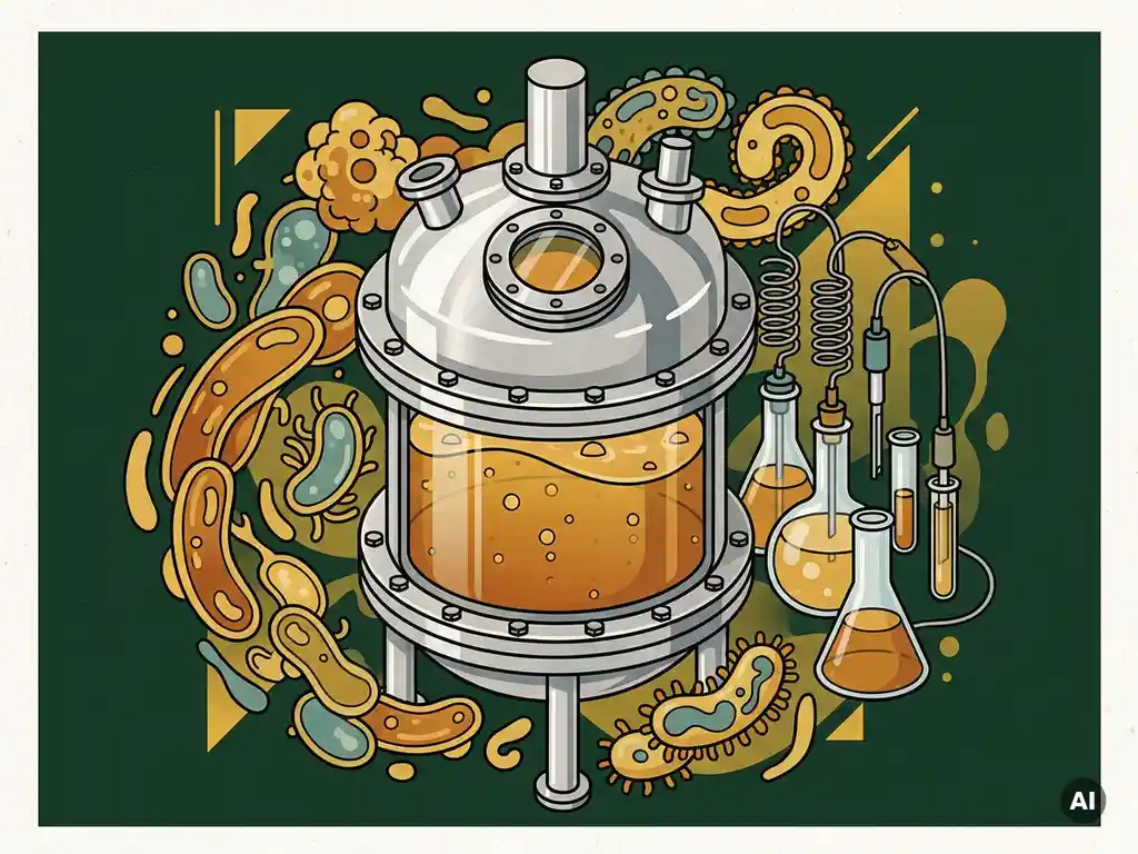 Stainless steel bioreactor fermenter with swirling microbial colonies, rising bubbles, and sensor probes on a deep green background.