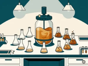 Glass bioreactor filled with amber microbial broth surrounded by lab flasks showing progressive fermentation growth stages.
