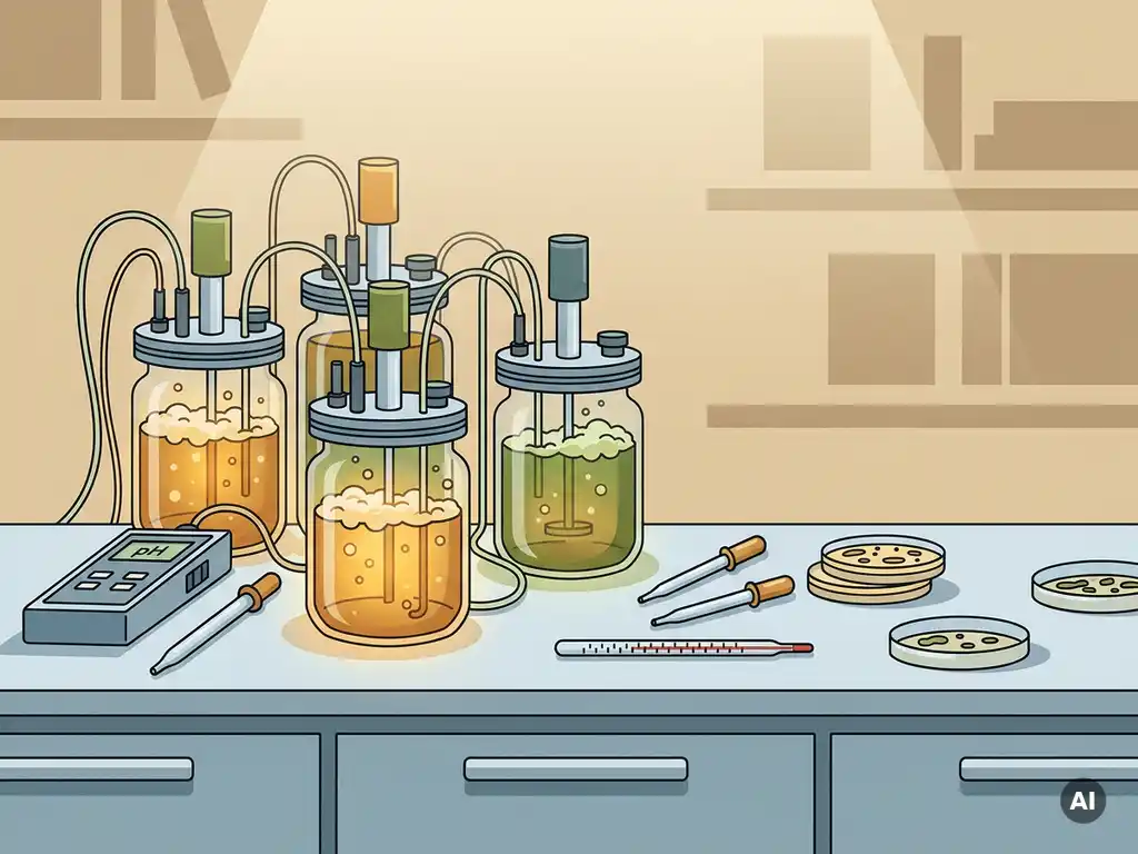 Glass bioreactor vessels bubbling with amber and green microbial cultures on a laboratory bench, with petri dishes and measurement tools nearby.