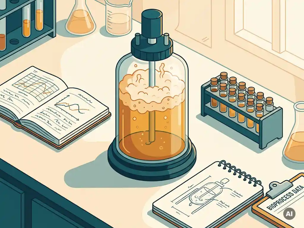 Glass bioreactor with amber microbial culture and rising foam on a lab bench, surrounded by data charts, sample vials, and fermenter sketches.