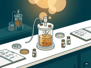 Glass laboratory bioreactor bubbling with amber microbial broth, surrounded by petri dishes, sample vials, and data notebooks on a white bench.