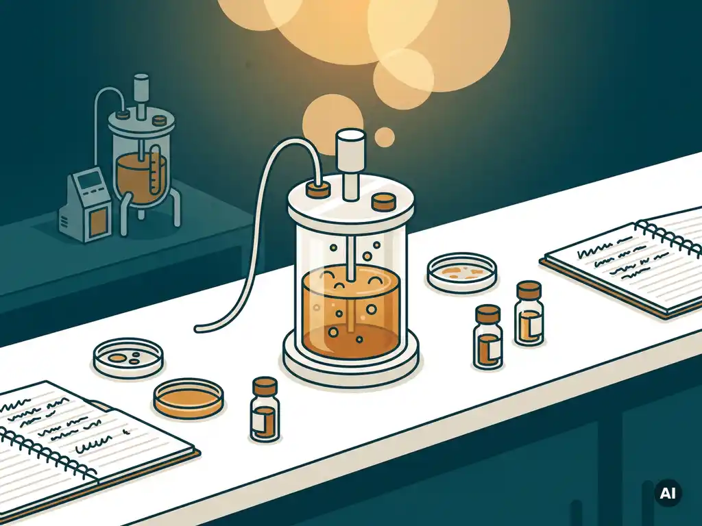 Glass laboratory bioreactor bubbling with amber microbial broth, surrounded by petri dishes, sample vials, and data notebooks on a white bench.