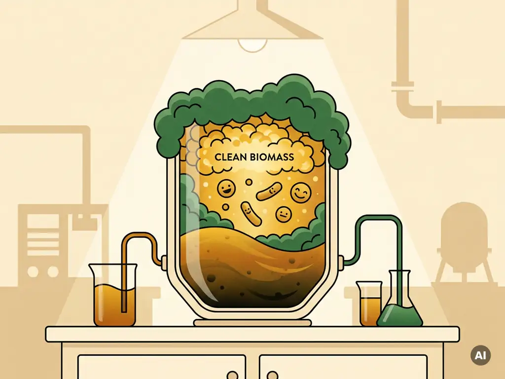 Microorganisms converting amber food processing liquid into golden biomass inside a transparent bioreactor with green microbial foam.