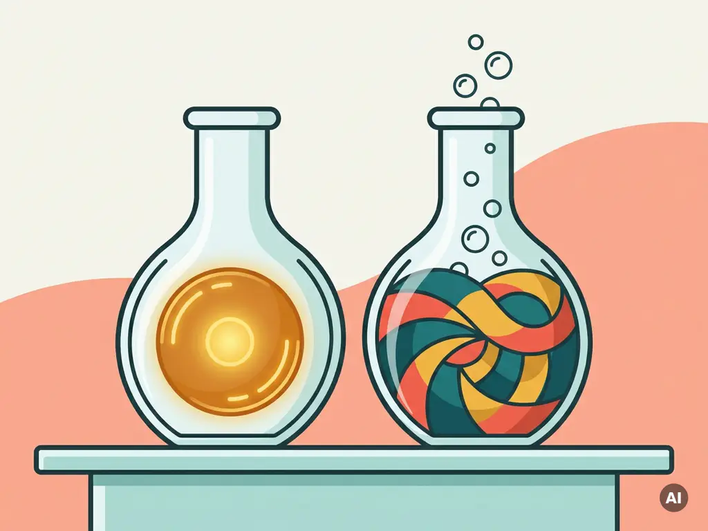 Two fermentation flasks on a lab bench, one with a single amber microbial colony, the other swirling with diverse teal, coral, and gold microbial communities.