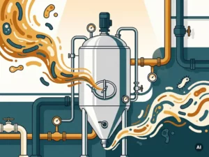 Stainless steel fermentation bioreactor in an industrial lab with illustrated amber and teal microbial cultures floating around the vessel.