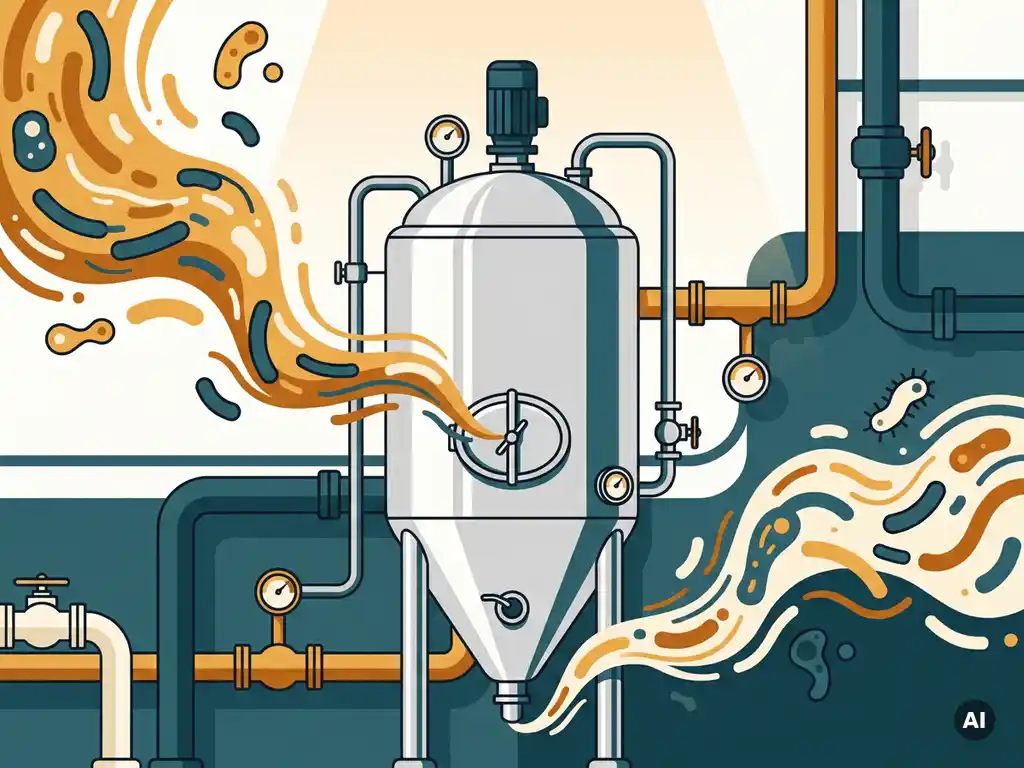 Stainless steel fermentation bioreactor in an industrial lab with illustrated amber and teal microbial cultures floating around the vessel.