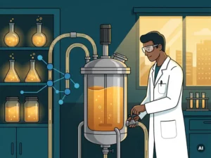 Fermentation scientist in lab coat adjusting bioreactor valves, surrounded by glowing amber broth in glass flasks and tubing.