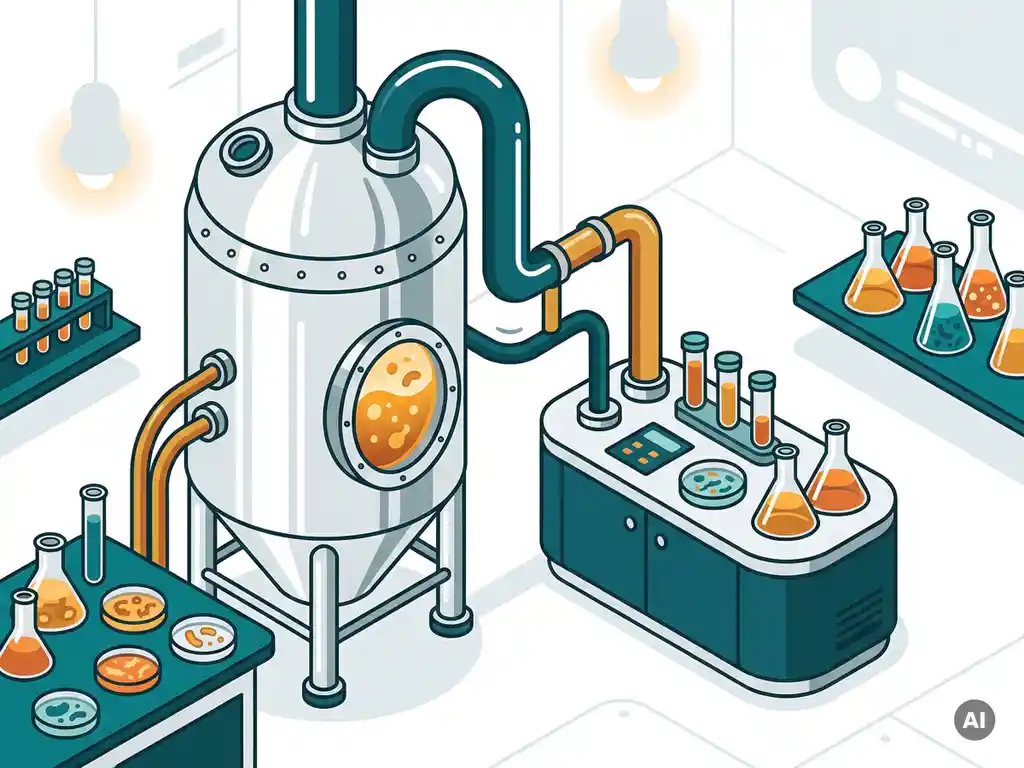 Stainless steel industrial fermenter connected by curved pipes to a lab bench with glass flasks and amber microbial cultures in a biotech startup setting.