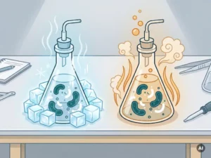 Two glass fermentation vessels on a lab bench, one chilled with frost-covered ice cubes, the other heated with rising steam, swirling microbial cultures inside each.