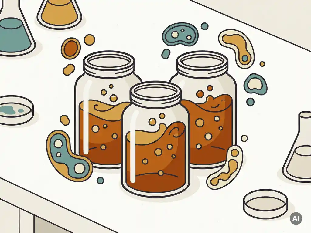 Glass fermentation vessels filled with amber liquid on a lab bench, surrounded by illustrated floating microbial colony shapes in teal and warm tones.