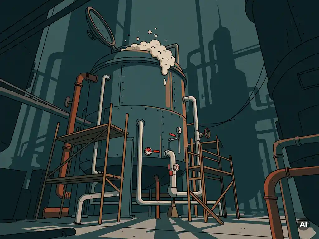 Industrial fermentation bioreactor with overflowing microbial foam, warning gauges, and unstable scaffolding in a dimly lit facility.