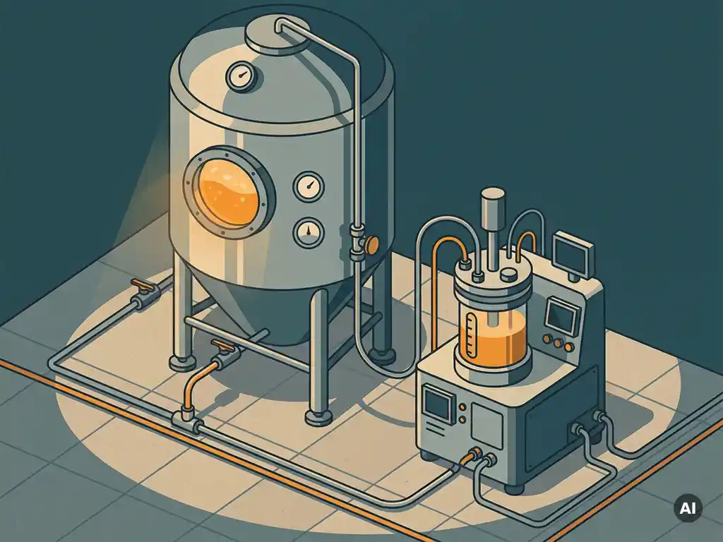 Stainless steel industrial fermenter beside a lab bioreactor, connected by tubing, with amber microbial broth visible through a porthole window.