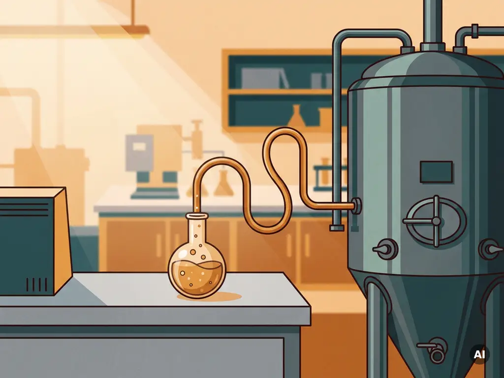 Small glass flask with amber microbial culture connected by tubing to a large stainless steel industrial fermenter in a laboratory setting.