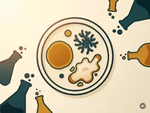 Flat vector illustration of colorful microbial colonies in a petri dish, with round, filamentous, and irregular shapes beside fermentation flasks.