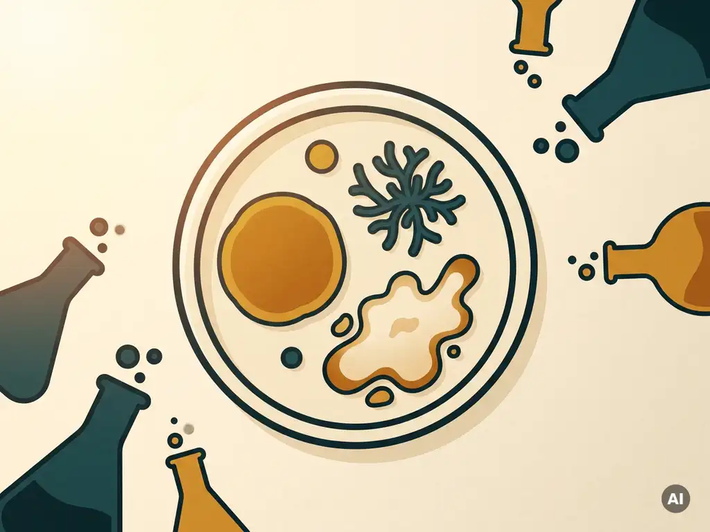 Flat vector illustration of colorful microbial colonies in a petri dish, with round, filamentous, and irregular shapes beside fermentation flasks.