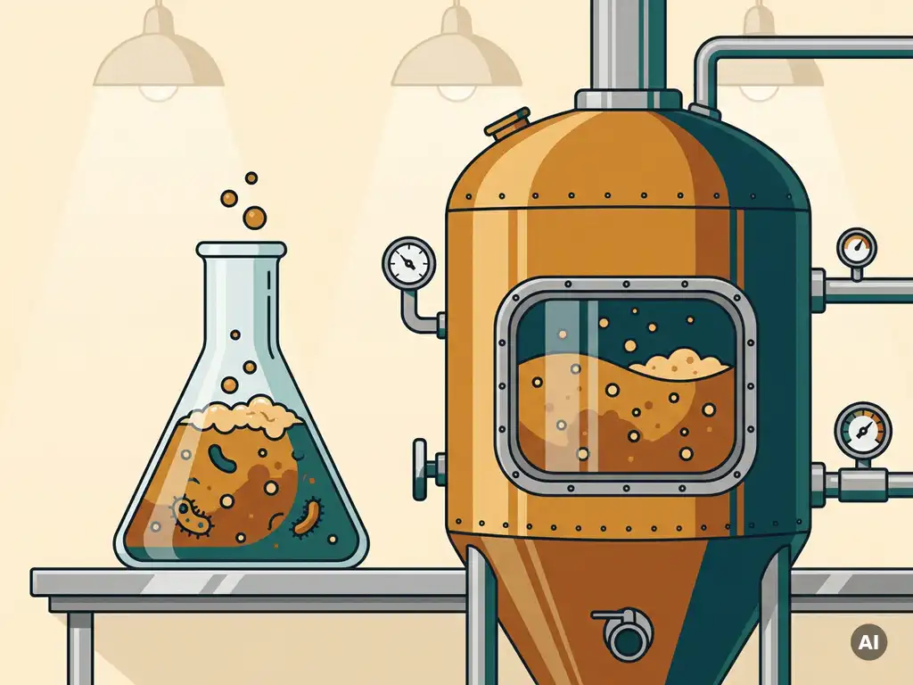 Glass laboratory flask with bubbling amber microbial culture beside a stainless steel industrial fermenter, illustrating fermentation scale-up from lab to production.