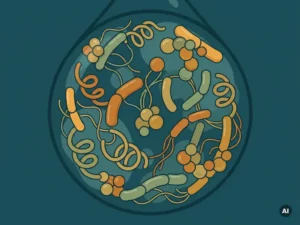 Diverse microorganisms including rod, spiral, and sphere-shaped cells interconnected by filaments in a single water droplet, flat vector illustration.