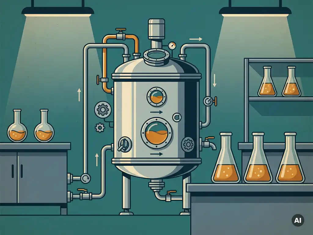 Stainless steel pilot bioreactor with pipes and valves in a biotech lab, surrounded by lab-scale flasks showing fermentation scale progression.