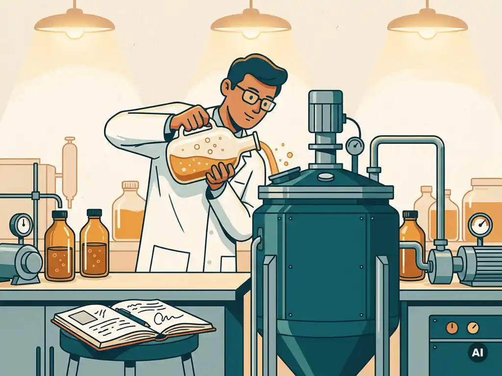 Scientist in lab coat transferring bubbling bioreactor flask to industrial fermenter, amber microbial cultures and research notebook on steel lab bench.