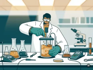 Gloved scientist adjusting a glass bioreactor with amber microbial broth, surrounded by Erlenmeyer flasks and pH meters on a lab bench.