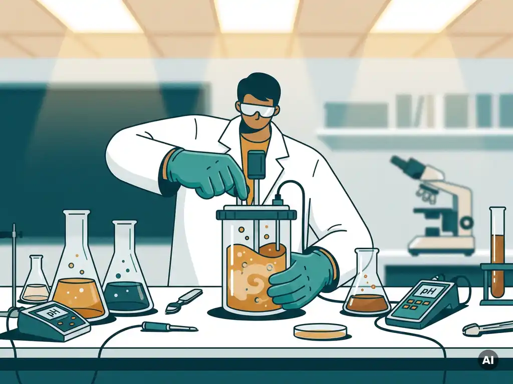 Gloved scientist adjusting a glass bioreactor with amber microbial broth, surrounded by Erlenmeyer flasks and pH meters on a lab bench.