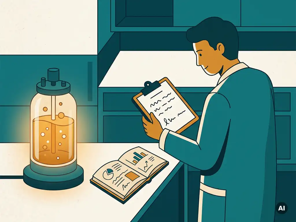 Scientist in lab coat reviewing clipboard notes beside a glowing amber bioreactor, with an open data notebook on a teal laboratory tabletop.