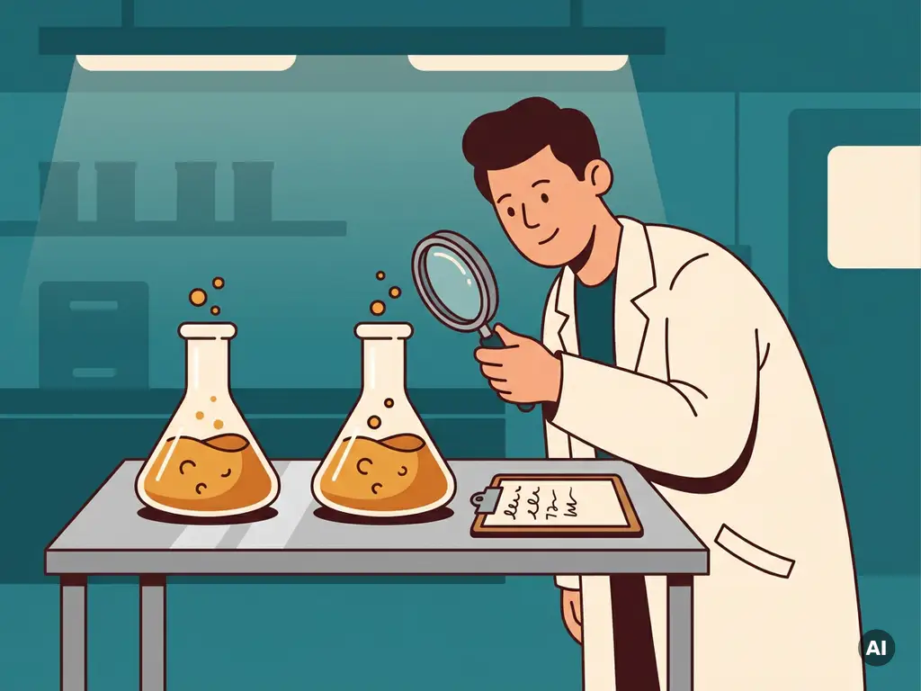 Scientist in lab coat comparing two amber fermentation flasks on a steel bench, clipboard with notes nearby, flat vector illustration style.