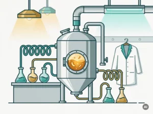 Stainless steel pilot-scale fermenter in a biotech lab with amber microbial cultures visible through a porthole, flanked by flasks and tubing.