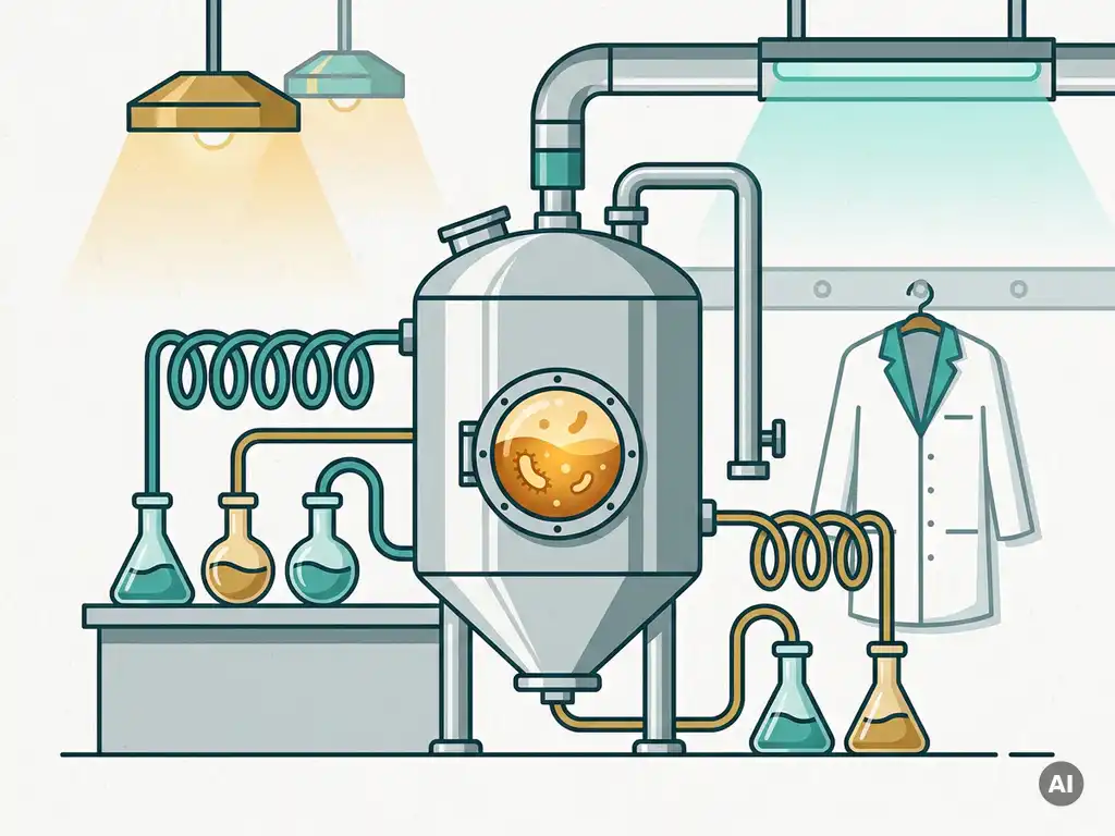 Stainless steel pilot-scale fermenter in a biotech lab with amber microbial cultures visible through a porthole, flanked by flasks and tubing.