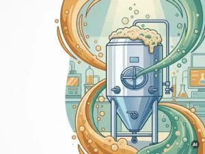 Stainless steel fermenter vessel with rising bubbles and microbial foam in a biotechnology laboratory setting.
