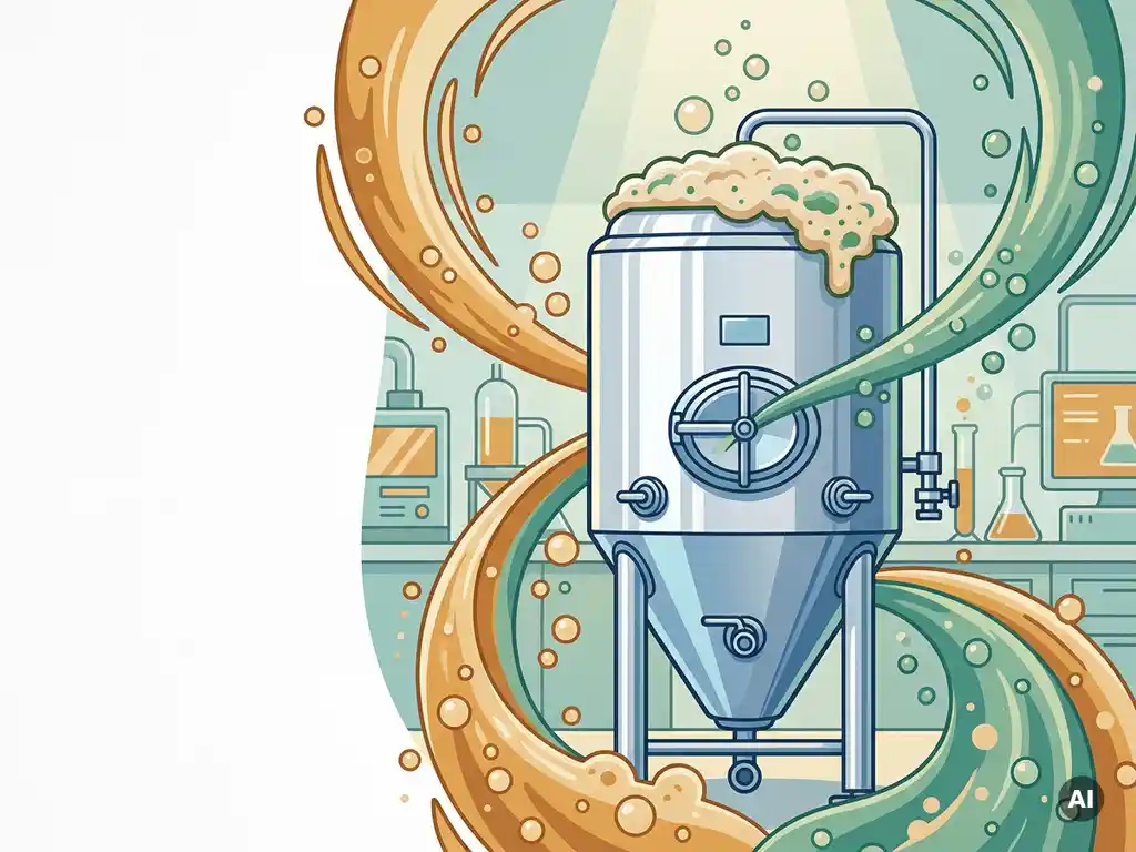 Stainless steel fermenter vessel with rising bubbles and microbial foam in a biotechnology laboratory setting.